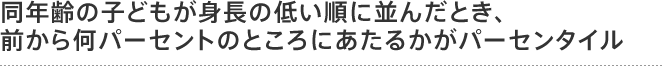 同年齢の子どもが身長の低い順に並んだとき、前から何パーセントのところにあたるかがパーセンタイル